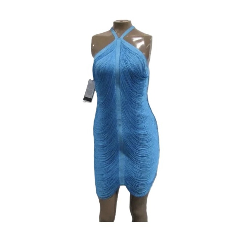 Guess Marciano Analise Bandage Fringe Dress Turquoise Blue Halter Small NEW